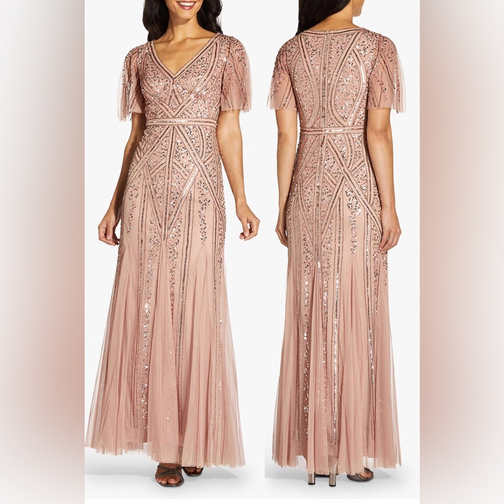 Adrianna Papell Gold Sequin Maxi Gown with Flutter Sleeves